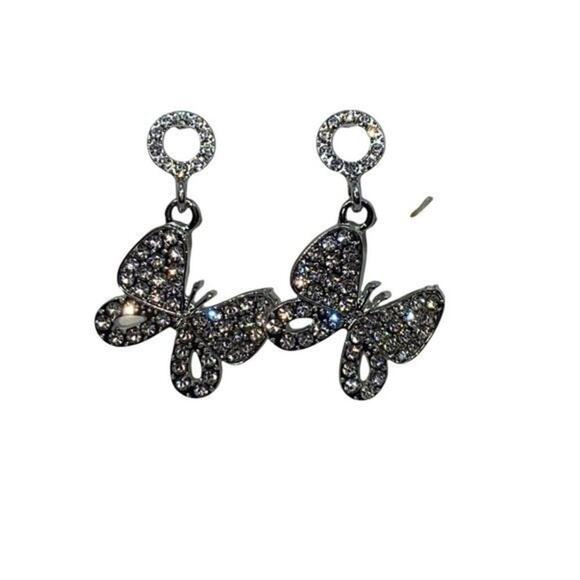 New NWT Silver-Tone Clear Rhinestone Dangle Butterfly Earrings - Picture 1 of 6